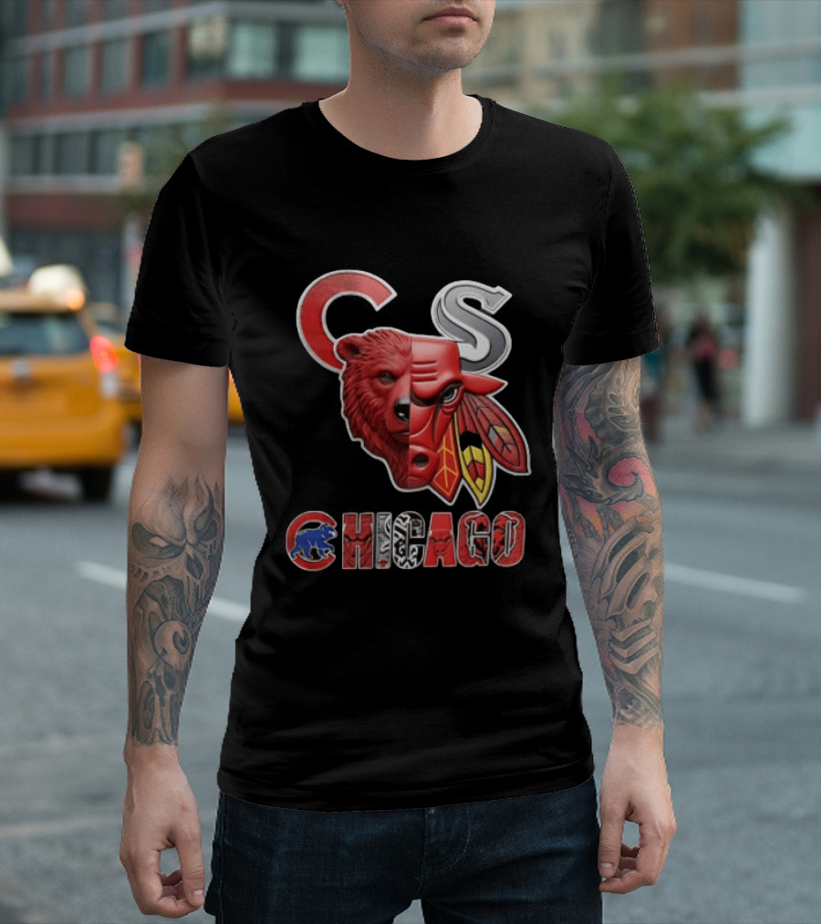 Chicago Cubs Bulls Blackhawks Split Face Bear Bull T-Shirt