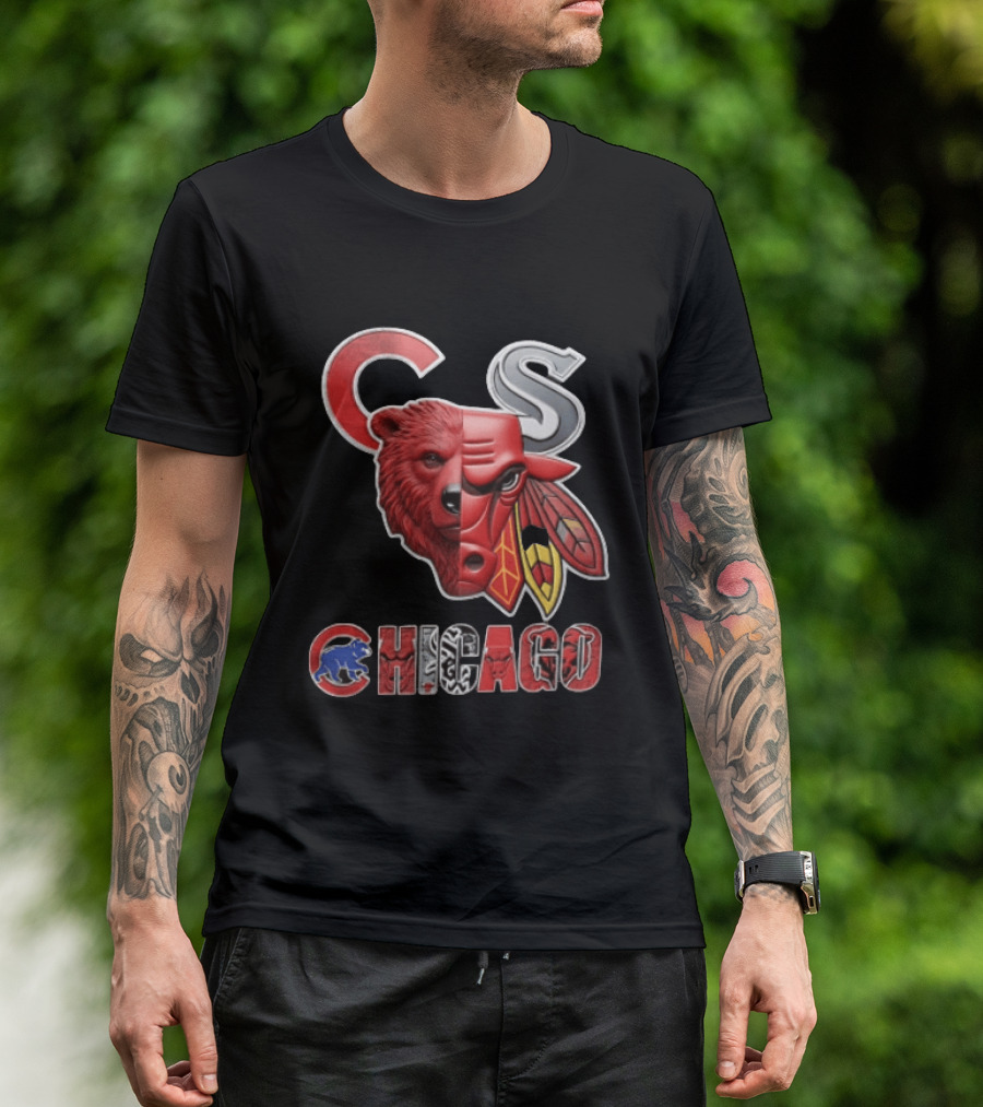 Chicago Cubs Bulls Blackhawks Split Face Bear Bull T-Shirt