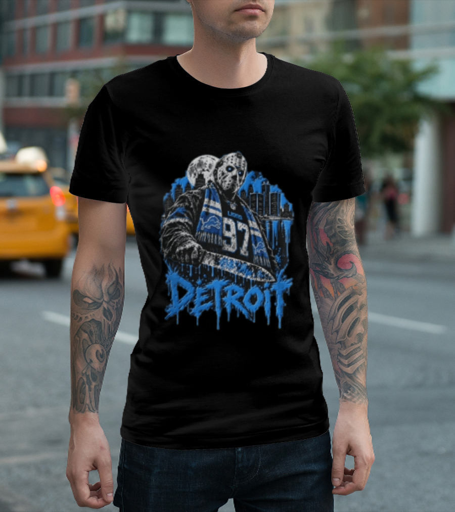 Detroit Lions Aidan Hutchinson 97 Jason Voorhees Knife Detroit Skyline Lions T-Shirt