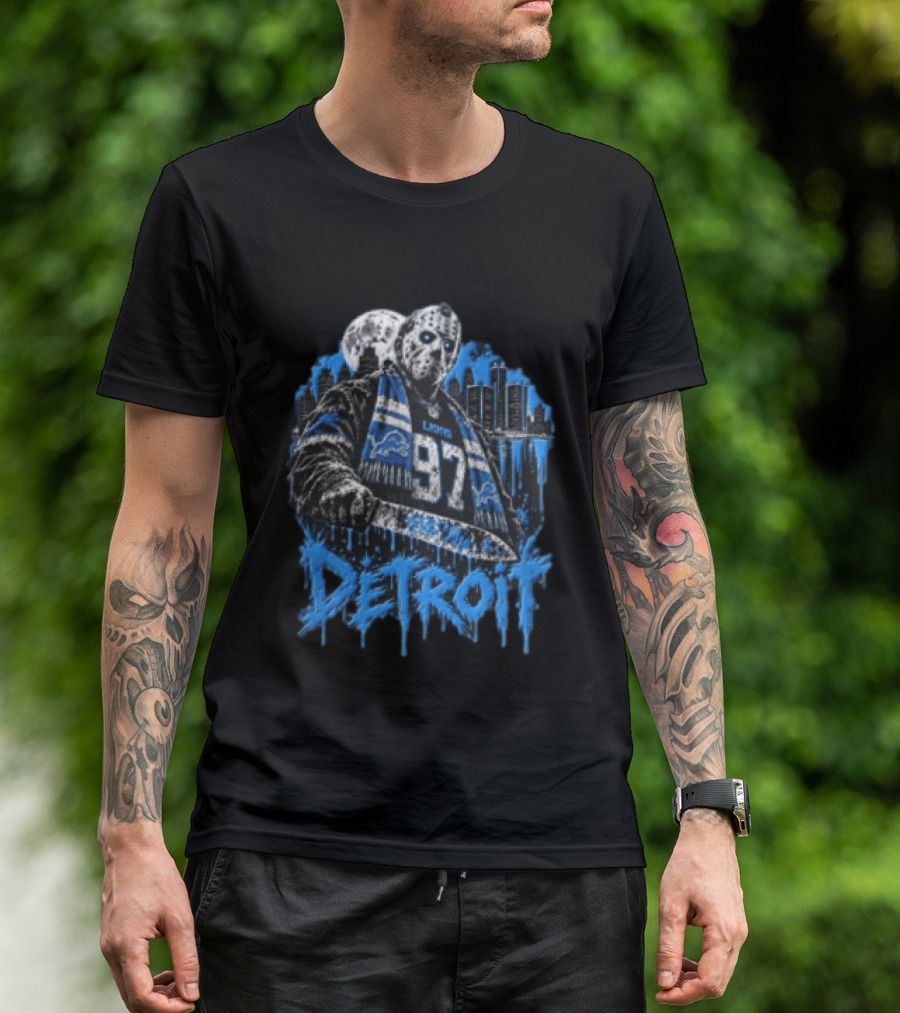 Detroit Lions Aidan Hutchinson 97 Jason Voorhees Knife Detroit Skyline Lions T-Shirt