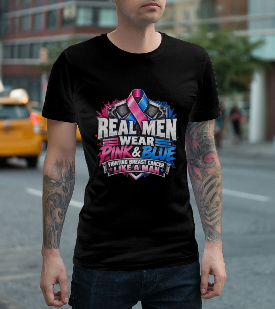 Real Men Wear Pink And Blue Fighting Breast Cancer Like A Man Ribbon Shield T-Shirt
