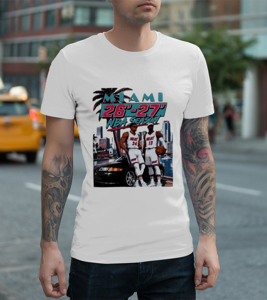 Miami Heat 26 27 NBA Season Palm Trees Skyline Players T-Shirt