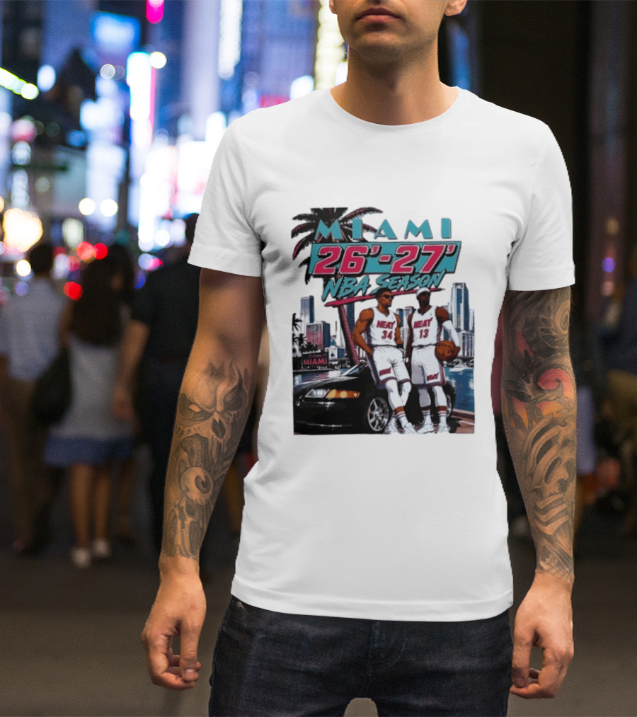 Miami Heat 26 27 NBA Season Palm Trees Skyline Players T-Shirt