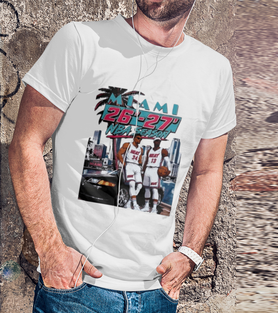 Miami Heat 26 27 NBA Season Palm Trees Skyline Players T-Shirt