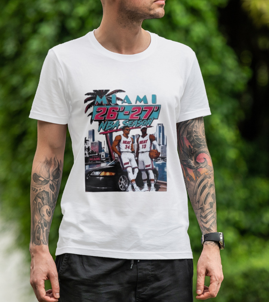 Miami Heat 26 27 NBA Season Palm Trees Skyline Players T-Shirt
