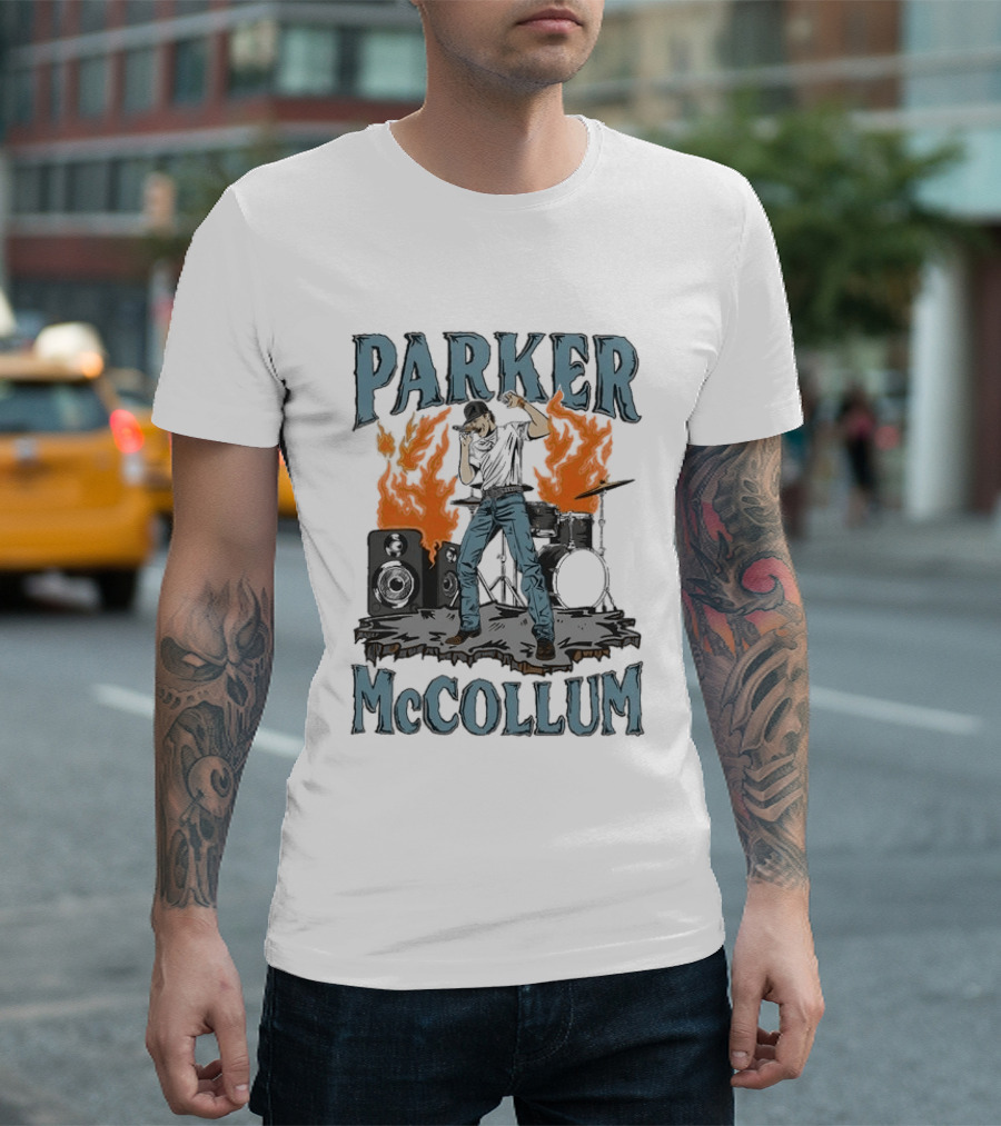 Parker Mccollum Cartoon Flames Concert Scene With Drums And Speakers T-Shirt