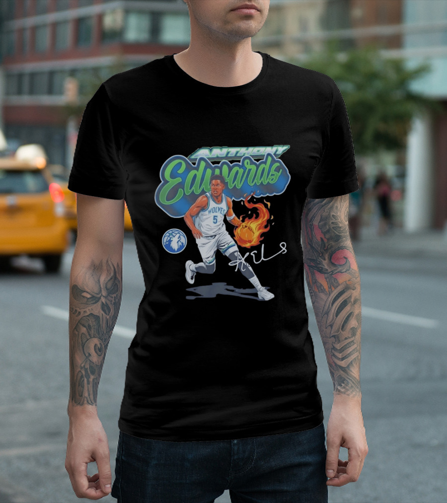 Anthony Edwards Wolves Cursive Script Basketball Flame Edit T-Shirt