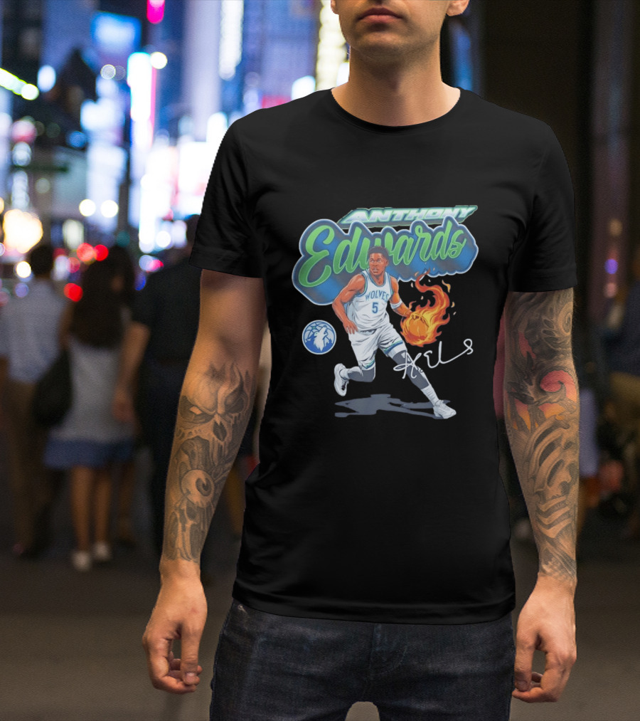 Anthony Edwards Wolves Cursive Script Basketball Flame Edit T-Shirt