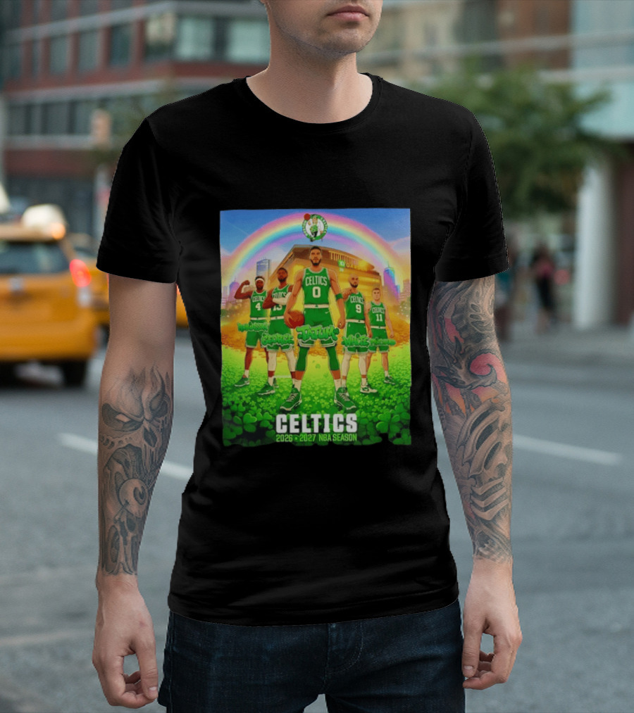 Boston Celtics 2026 2027 NBA Season Tatum George White Robinson Pritchard Basketball Team Players Under Rainbow Scene T-Shirt