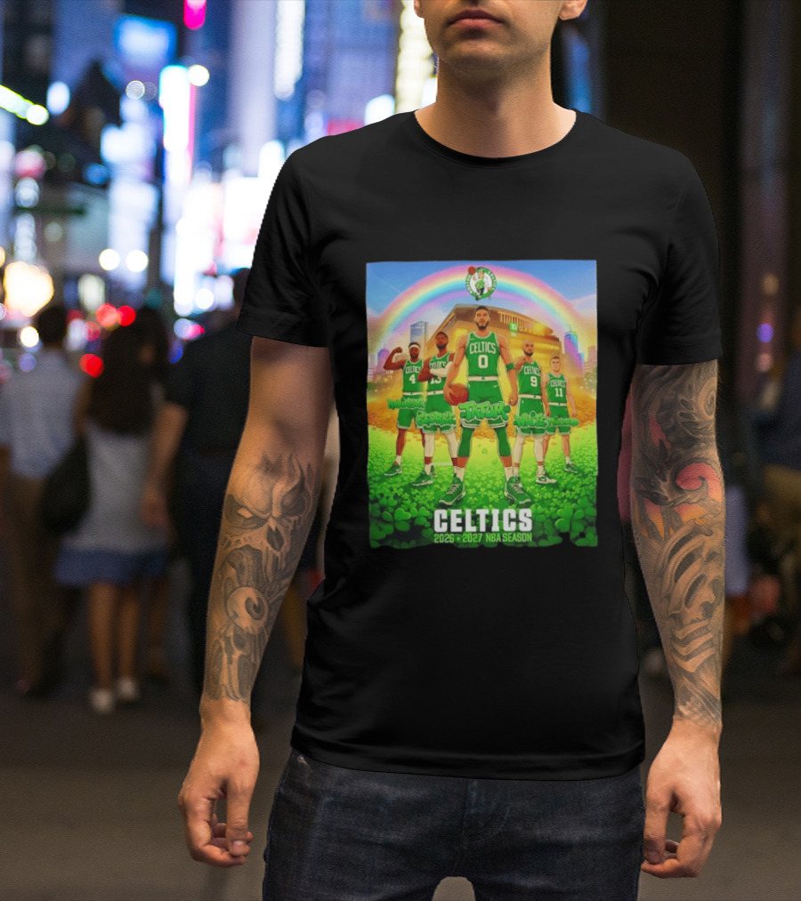 Boston Celtics 2026 2027 NBA Season Tatum George White Robinson Pritchard Basketball Team Players Under Rainbow Scene T-Shirt