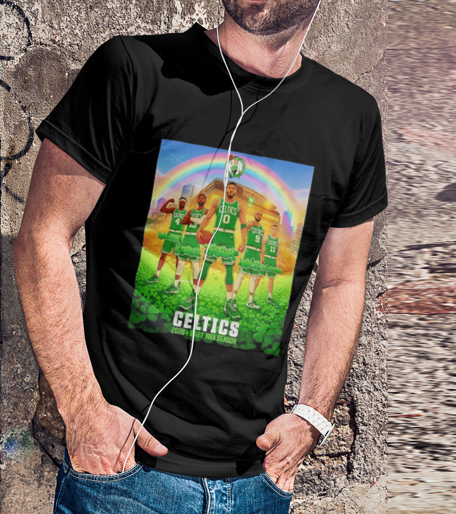 Boston Celtics 2026 2027 NBA Season Tatum George White Robinson Pritchard Basketball Team Players Under Rainbow Scene T-Shirt