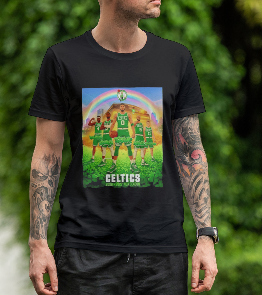 Boston Celtics 2026 2027 NBA Season Tatum George White Robinson Pritchard Basketball Team Players Under Rainbow Scene T-Shirt