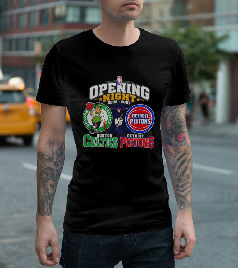 Boston Celtics Vs Detroit Pistons NBA Opening Night 2026 2027 Matchup Logos And Teams T-Shirt
