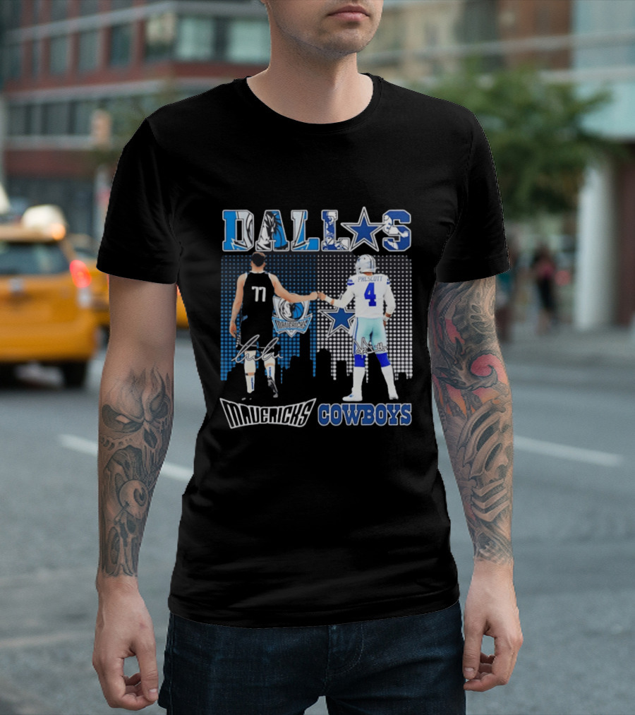 Dallas Mavericks Cowboys Skyline Signatures Luka Doncic Dak Prescott T-Shirt
