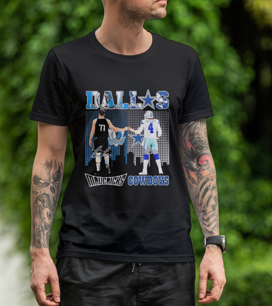 Dallas Mavericks Cowboys Skyline Signatures Luka Doncic Dak Prescott T-Shirt