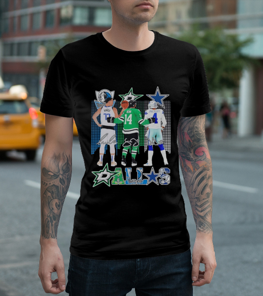 Dallas Mavericks Stars Signatures Skyline Luka Doncic Benn Dallas Cowboys T-Shirt