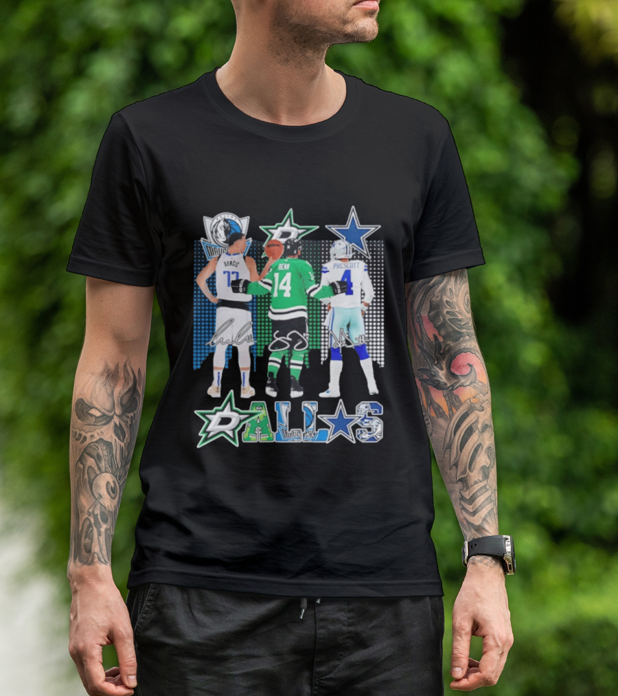 Dallas Mavericks Stars Signatures Skyline Luka Doncic Benn Dallas Cowboys T-Shirt