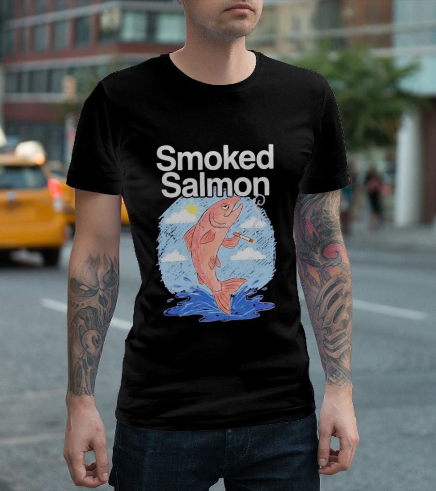 Smoked Salmon Smoking Fish Humorous Cartoon Design With Cloud And Water T-Shirt