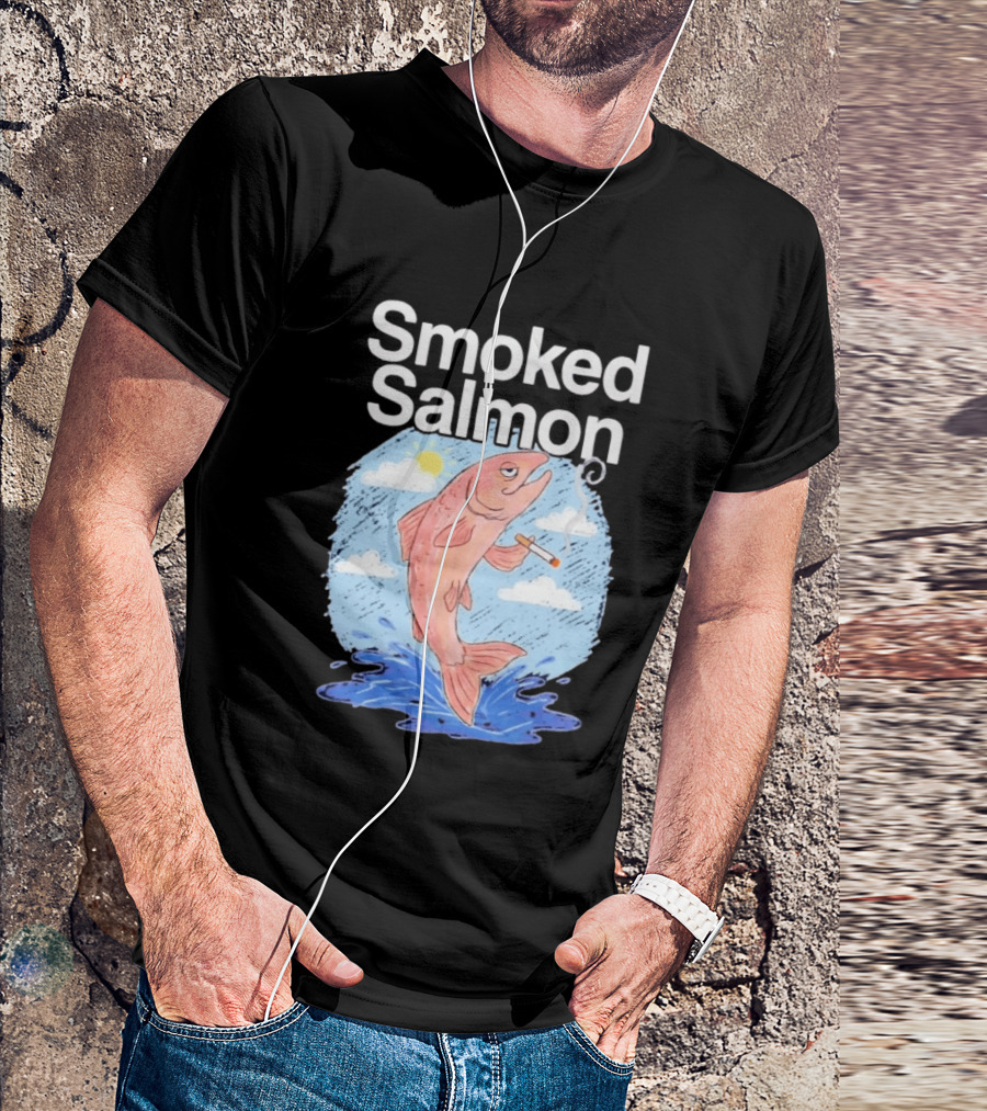Smoked Salmon Smoking Fish Humorous Cartoon Design With Cloud And Water T-Shirt