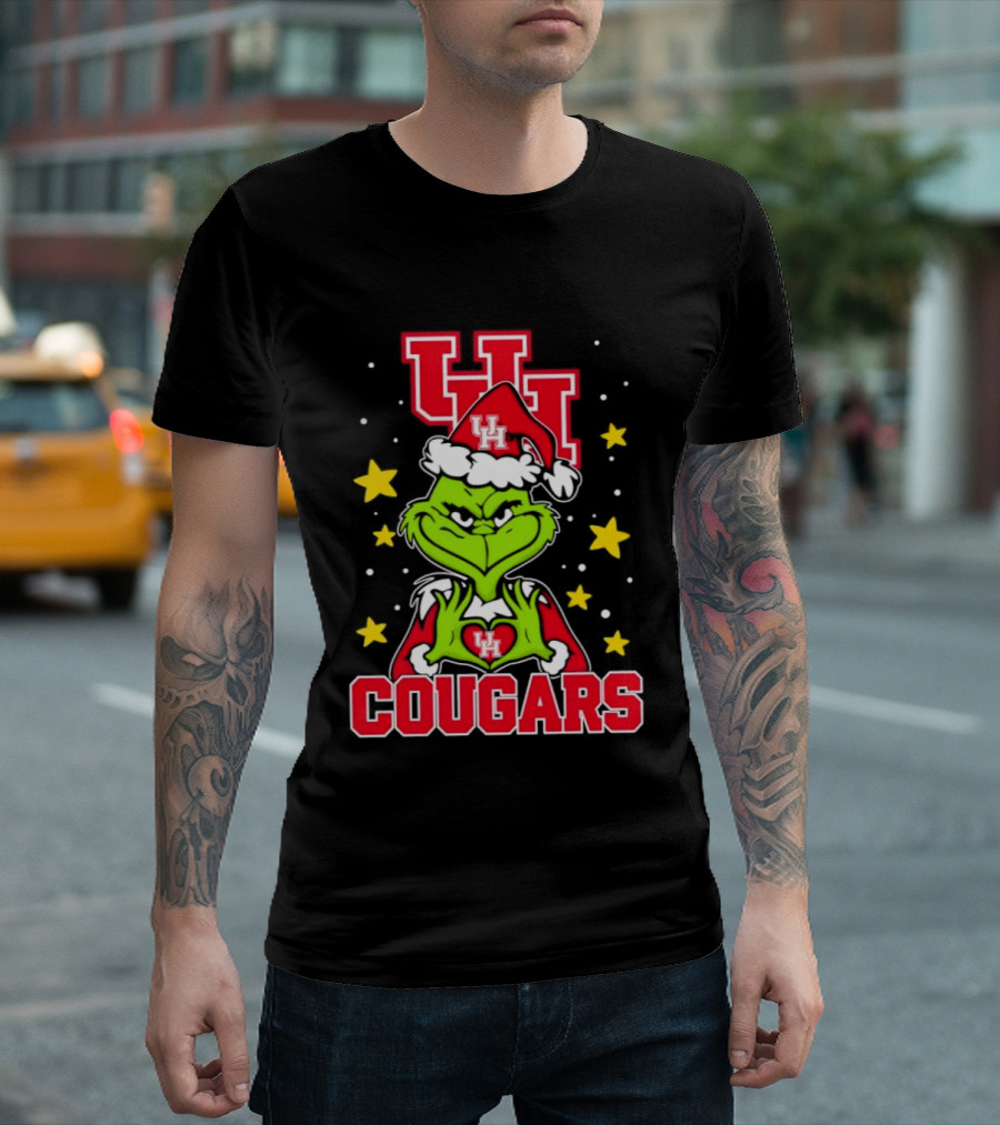 Grinch UH Houston Cougars Christmas Santa Hat Snow Stars T-Shirt