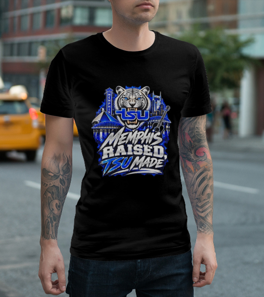 Memphis Raised TSU Made Tiger Skyline Guitar Blueprint T-Shirt