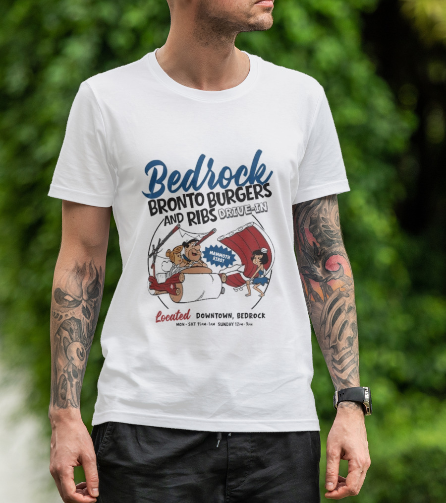 Bedrock Bronto Burgers And Ribs Drive In Downtown Bedrock Fred Flintstone Car And Dino Ribs T-Shirt