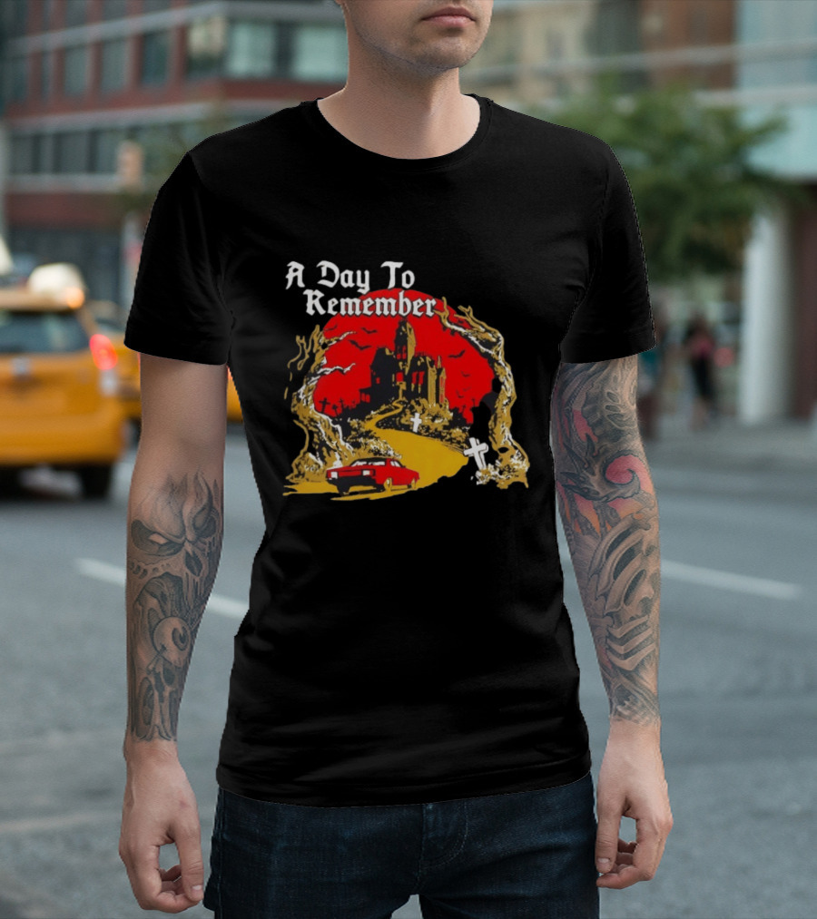 A Day To Remember Haunted House Red Car Cemetery Scene T-Shirt