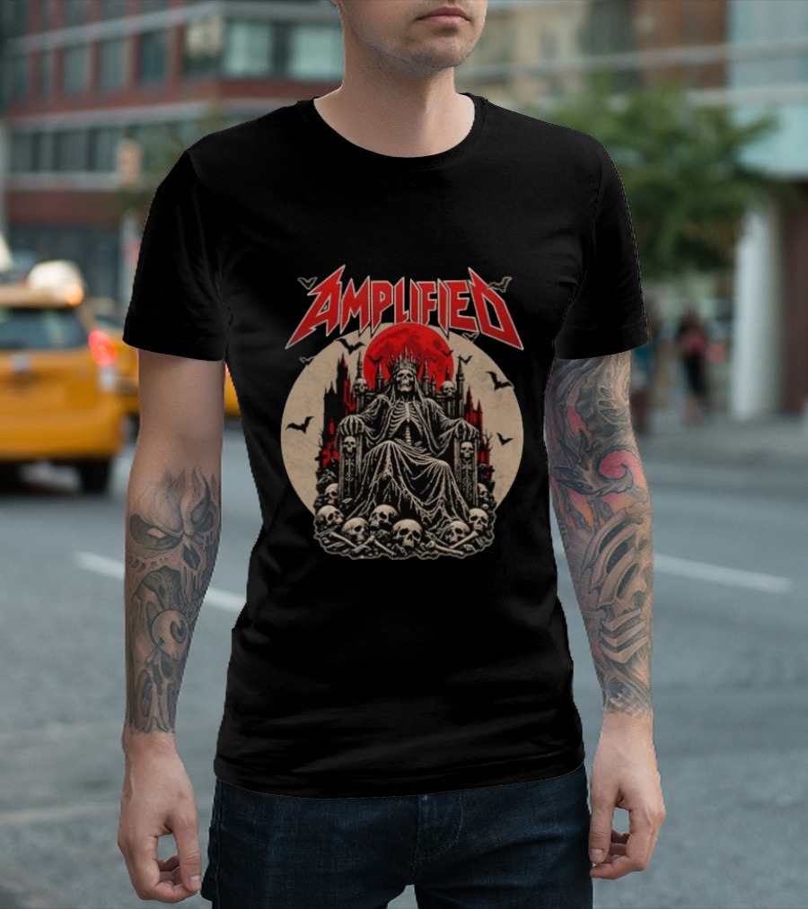 Amplified King Of Skulls Throne Undead Bats Gothic Red Moon T-Shirt
