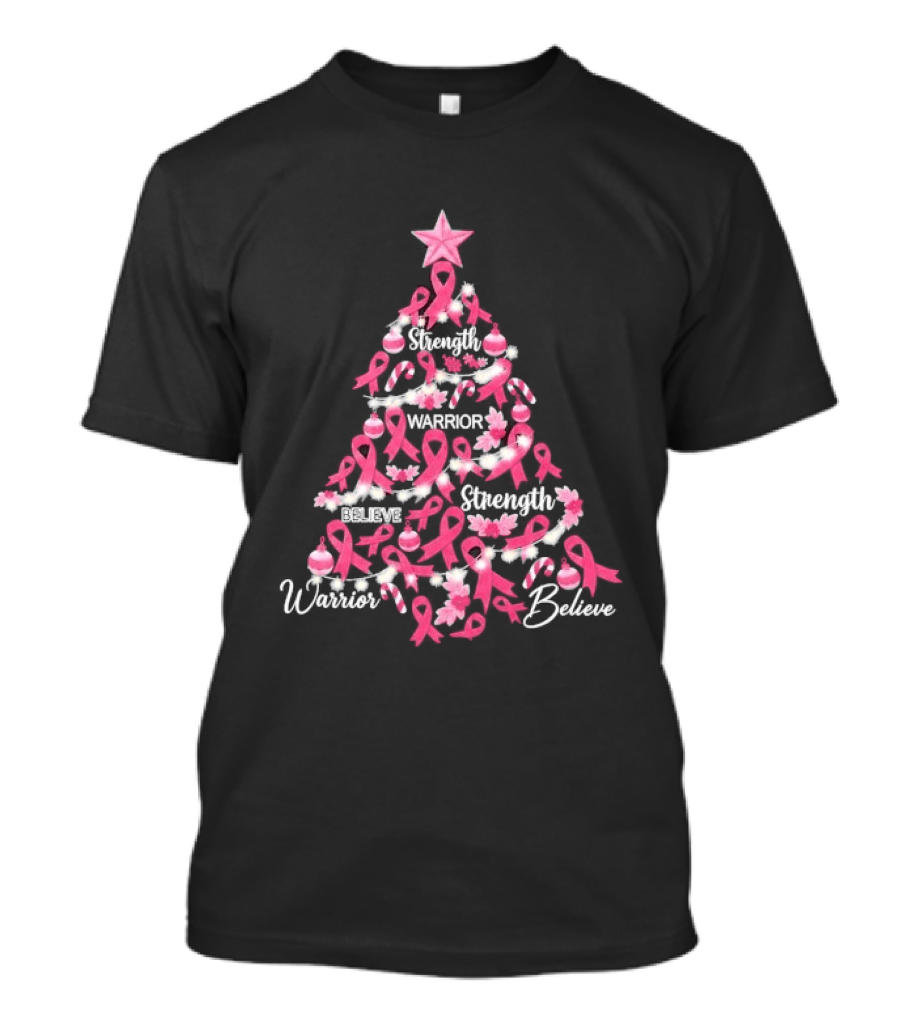 Warrior Strength Believe Breast Cancer Awareness Christmas Tree T-Shirt