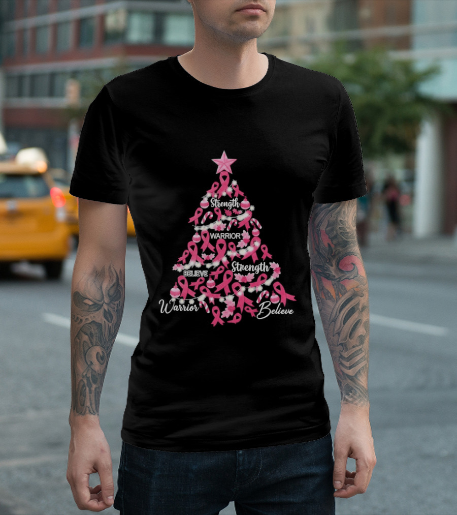 Warrior Strength Believe Breast Cancer Awareness Christmas Tree T-Shirt