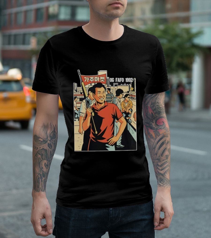 OG FAFO 1992 Rooftop Koreans Cartoon Characters Holding Flag And Rifle Urban Rooftop Scene T-Shirt