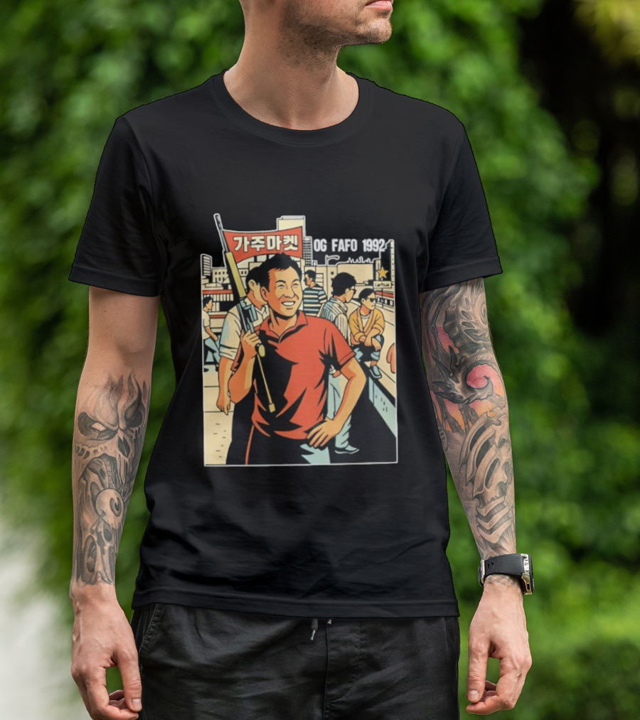 OG FAFO 1992 Rooftop Koreans Cartoon Characters Holding Flag And Rifle Urban Rooftop Scene T-Shirt