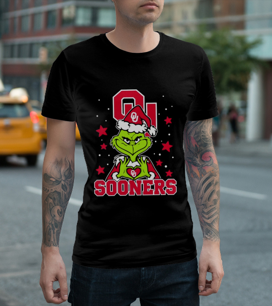 Oklahoma Sooners Grinch Christmas Heart Hands OU Santa Hat T-Shirt