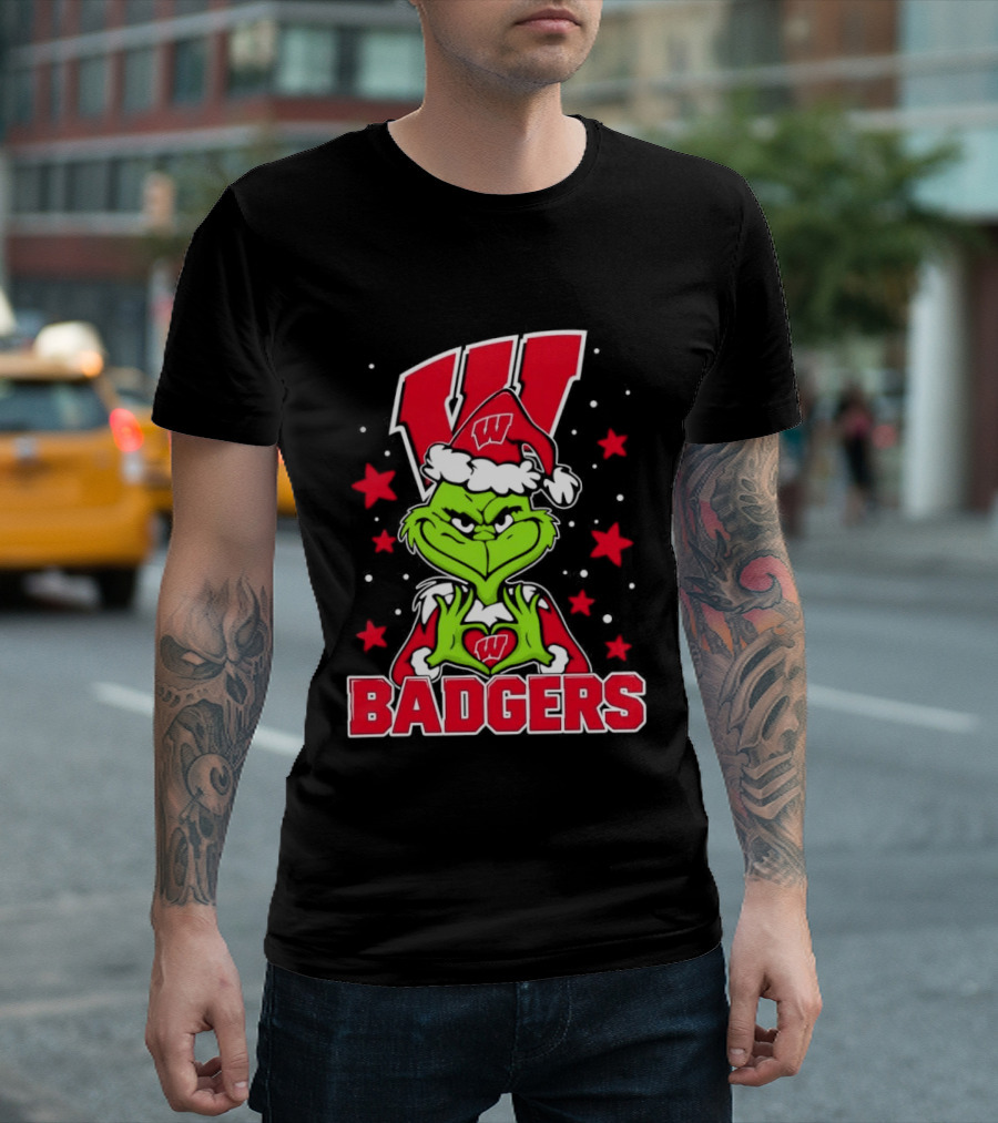 Grinch Wearing Wisconsin Badgers Hat Christmas Sports Fan T-Shirt