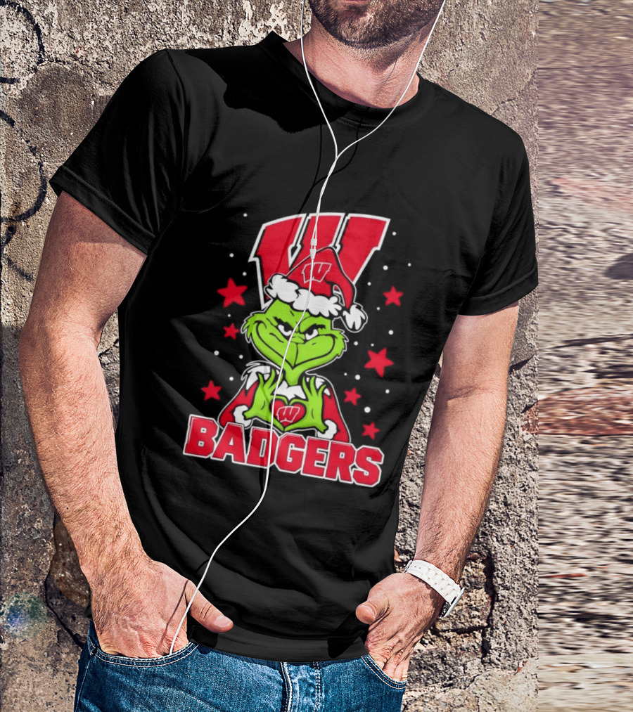 Grinch Wearing Wisconsin Badgers Hat Christmas Sports Fan T-Shirt