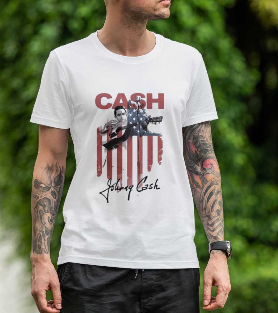 Johnny Cash American Flag Red Guitar Microphone T-Shirt