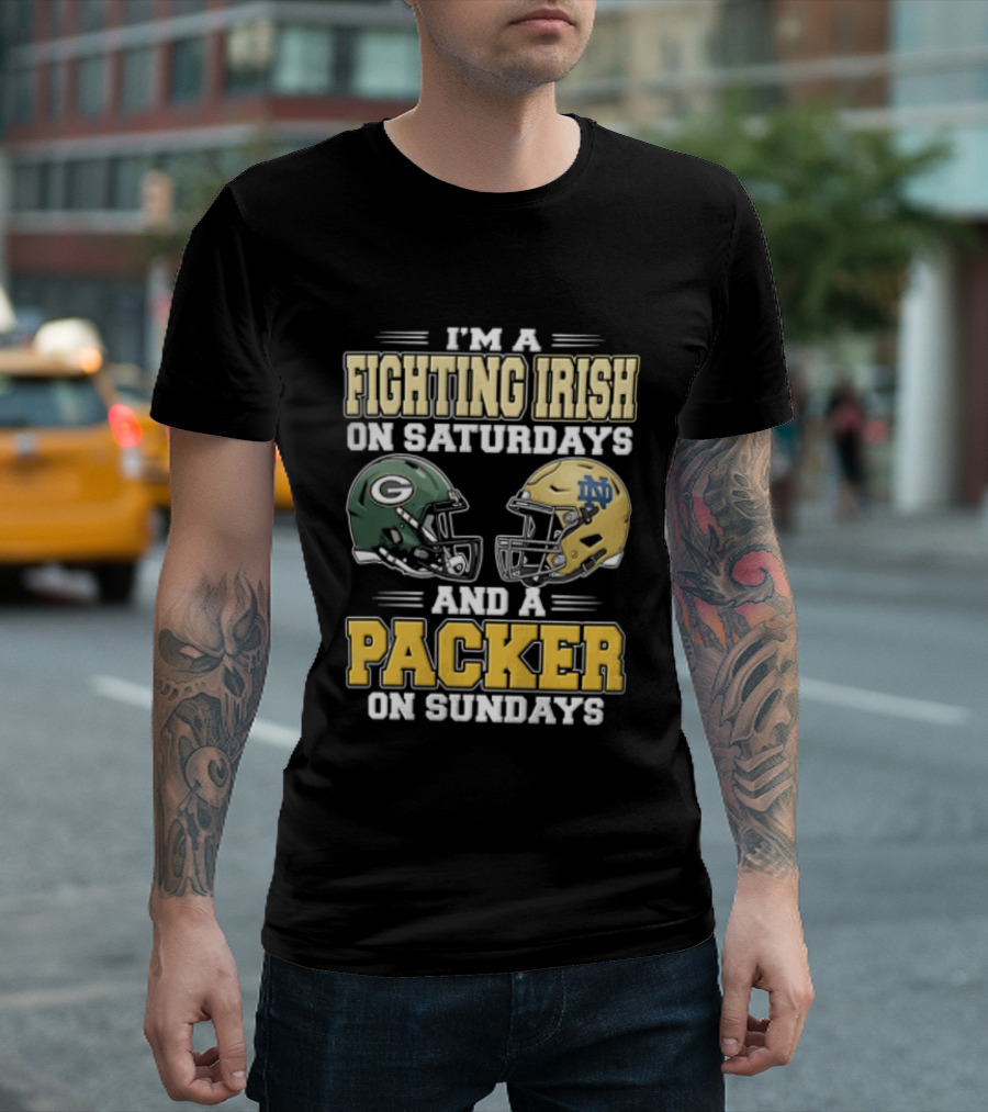 I'm A Fighting Irish On Saturdays And A Packer On Sundays Football Helmets T-Shirt