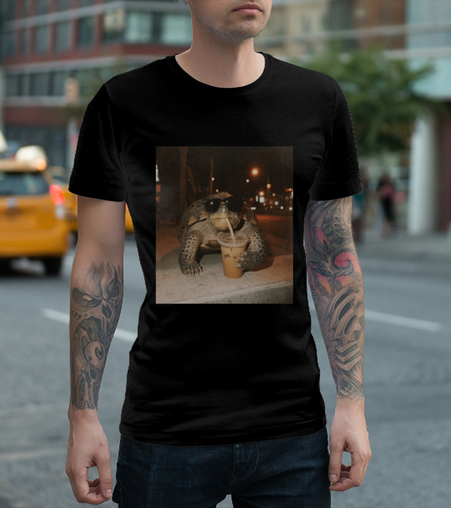 Turtle Wearing Sunglasses Drinking Iced Coffee At Night T-Shirt