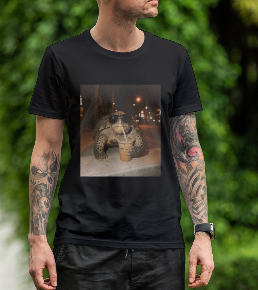 Turtle Wearing Sunglasses Drinking Iced Coffee At Night T-Shirt