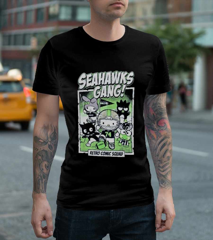 Seattle Seahawks Gang Hello Kitty Retro Comic Squad T-Shirt