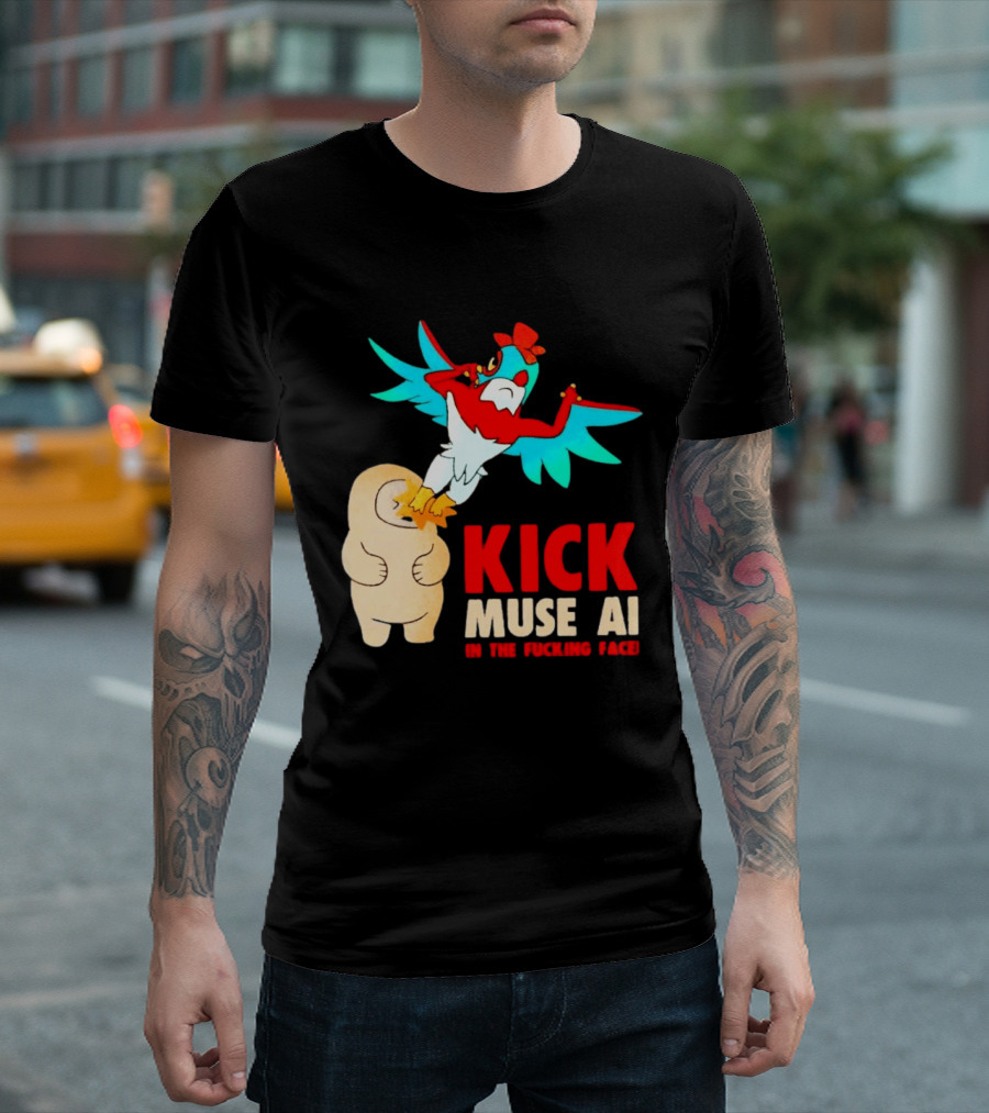 Kick Muse AI In The Face Protest Cartoon Bird Kicking T-Shirt