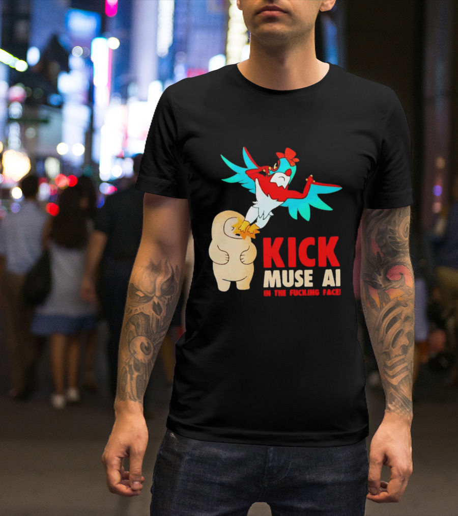 Kick Muse AI In The Face Protest Cartoon Bird Kicking T-Shirt