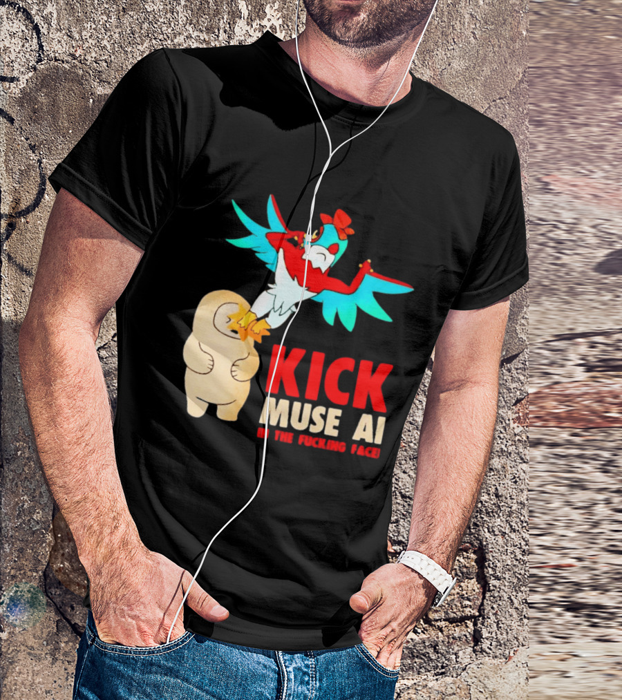 Kick Muse AI In The Face Protest Cartoon Bird Kicking T-Shirt