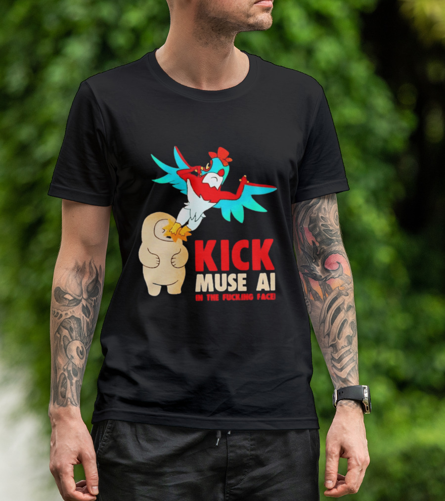 Kick Muse AI In The Face Protest Cartoon Bird Kicking T-Shirt