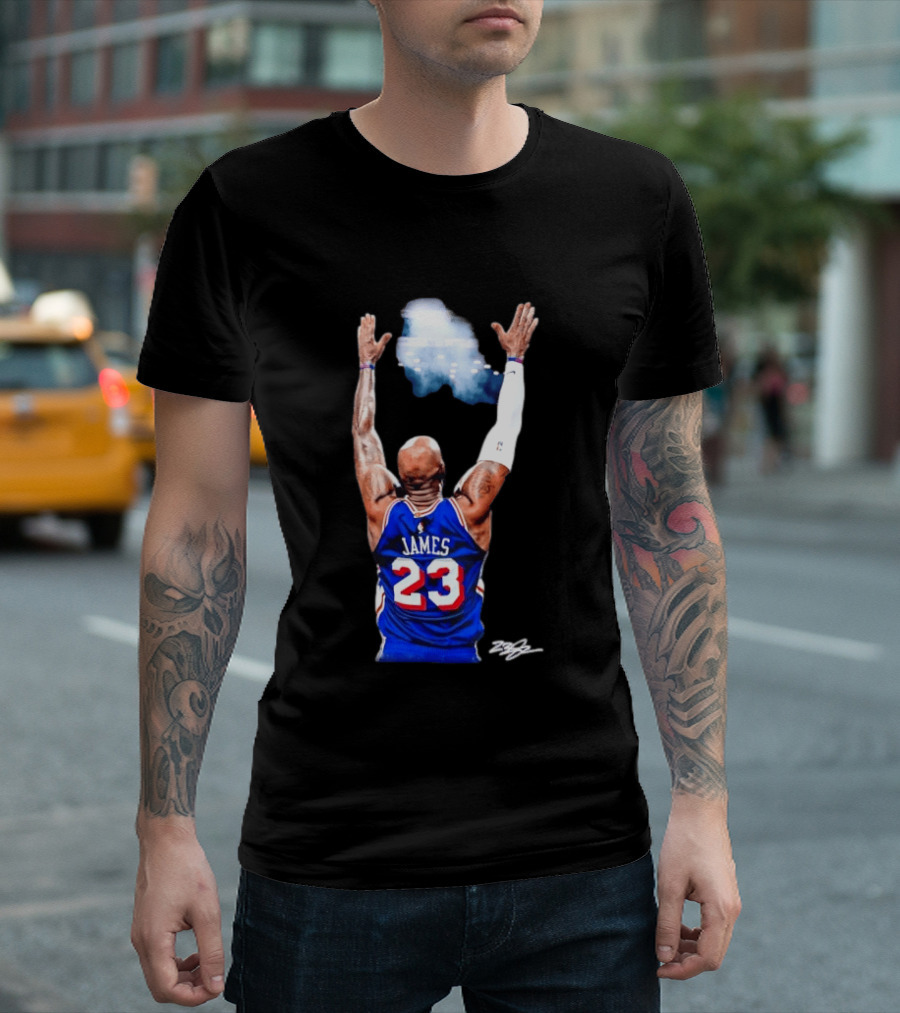 King LeBron James Philadelphia 76ers Jersey Number 23 Celebration T-Shirt