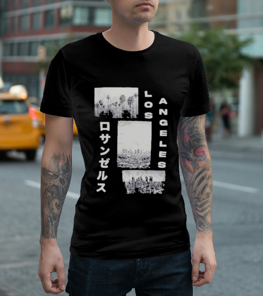 Los Angeles Cityscape With Japanese Text Satin Patch T-Shirt