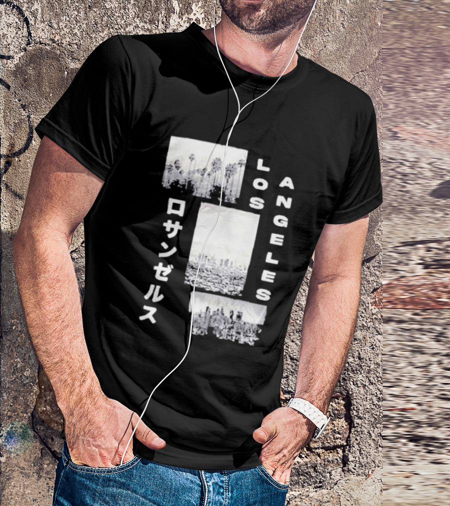 Los Angeles Cityscape With Japanese Text Satin Patch T-Shirt