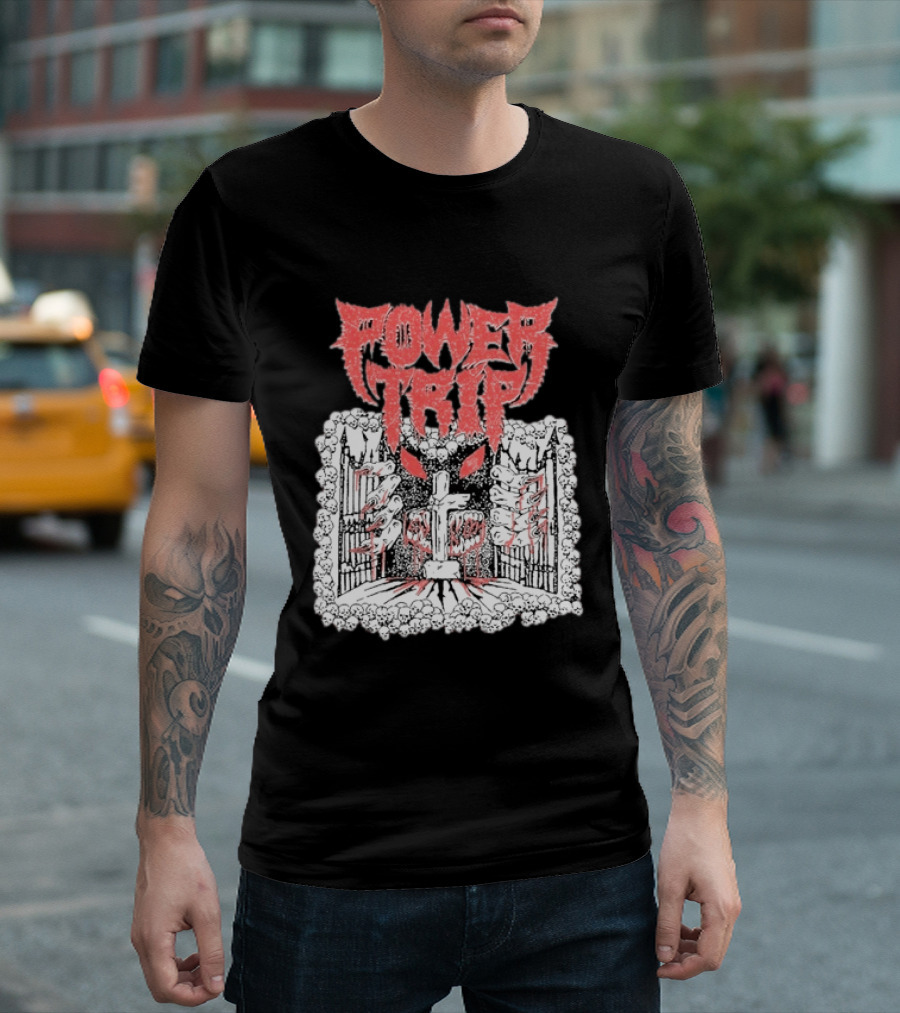 Power Trip Demon Gate Skeleton Cross Red Eyes T-Shirt