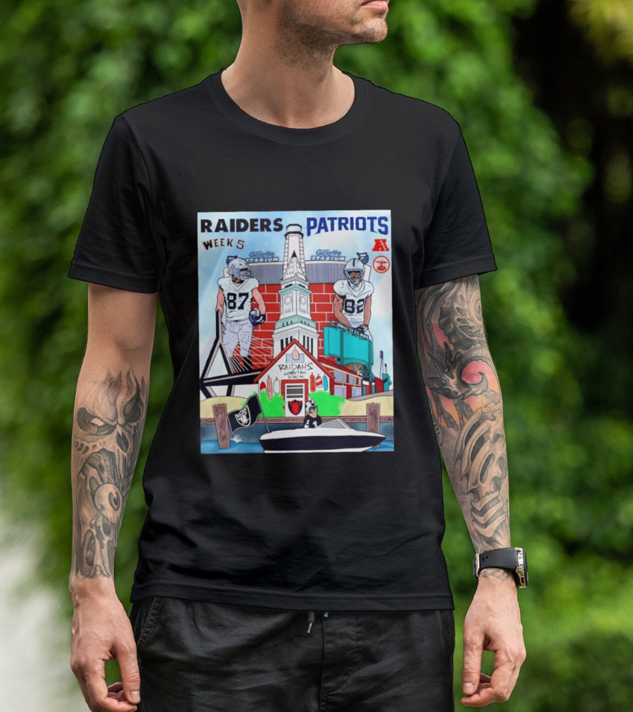 Raiders Patriots Week 5 Gillette Stadium Raidah's Lobstah Shack Football T-Shirt