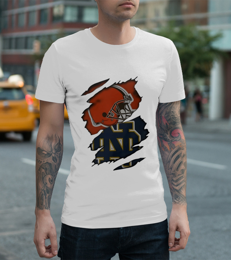 Cleveland Browns Notre Dame Fighting Irish Ripped Helmet ND T-Shirt